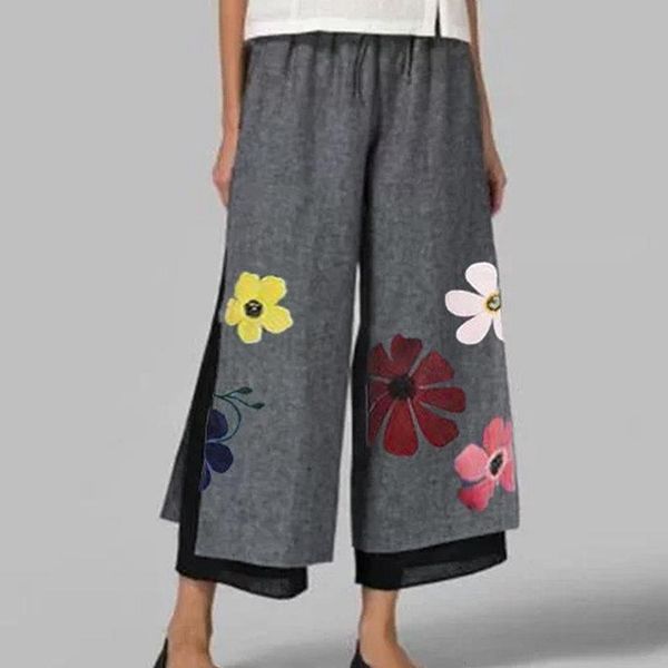 

plus size womens casual pants floral printed double layer pants spring autumn straight mid trouser clothes female, Black;white