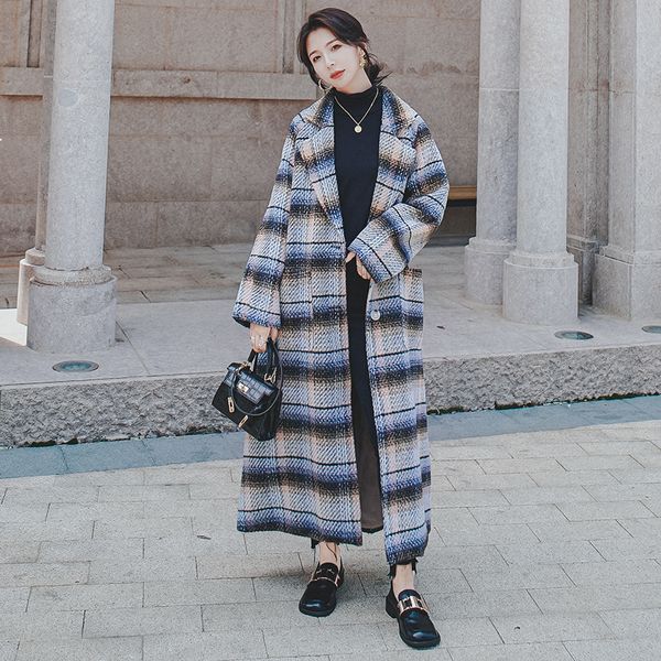 

2021 new women's coat new korean winter loose long retro thick plaid lapel single breasted fashion wool jacket 2h n5rm, Black