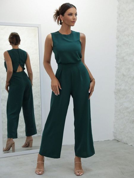 

joyfunear cut out button back wide leg jumpsuit i2x2#, White