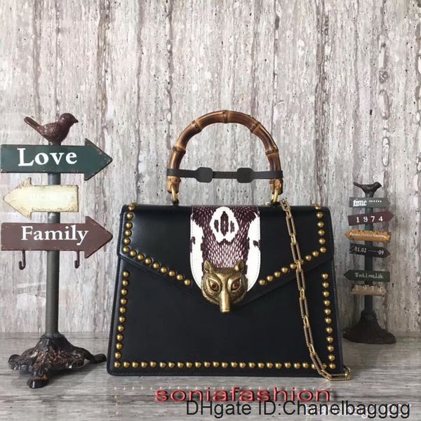 

new style fashion genuine leather bamboo handle and chain long strap women shoulder bag with rivet ing
