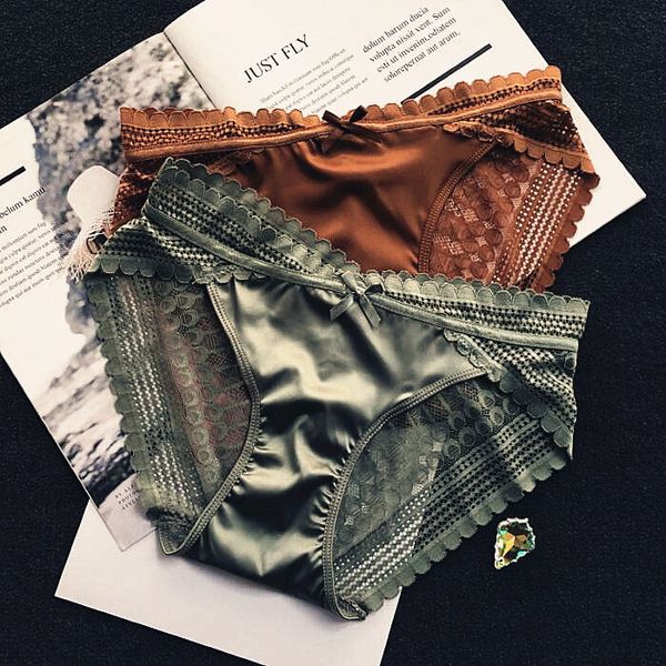 

luxury style low waist underpants women's hollow out shorts silk and satin briefs lace translucent, Black;pink