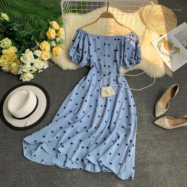 

new summer off the shoulder boho dress women slim slash neck short sleeve vintage dot printed a-line long robe ladies dress1, Black;gray