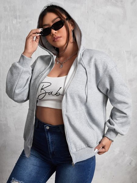 

plus drop shoulder zipper placket drawstring hooded sweatshirt p1ou#, Black