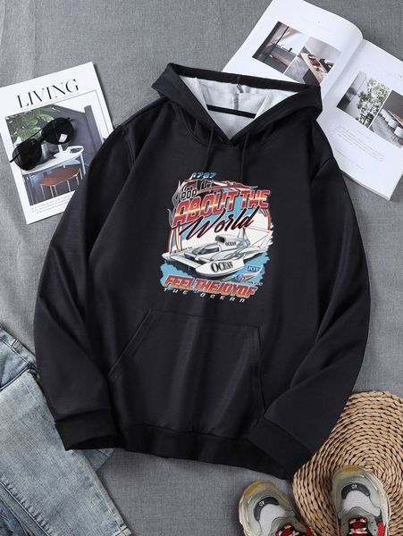 

men letter graphic drawstring hoodie k598#, Black