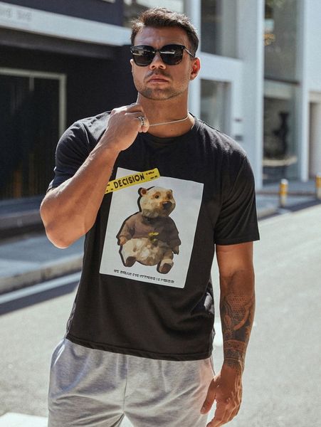 

extended sizes men slogan & bear print tee e2iy#, White;black