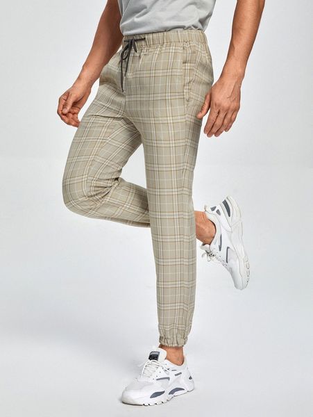 

men plaid drawstring waist pants i0by#, Black