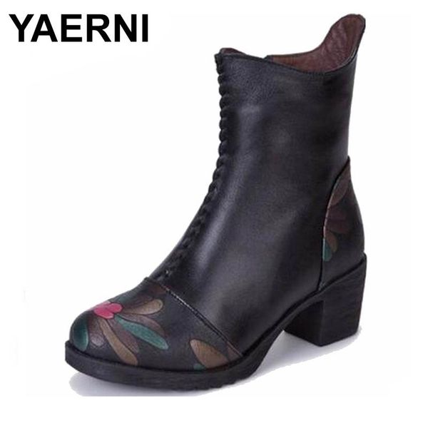 

yaerni 2020 genuine leather shoes women ankle boots autumn thick high heel mar boots zip winter handmade leather shoes boot, Black
