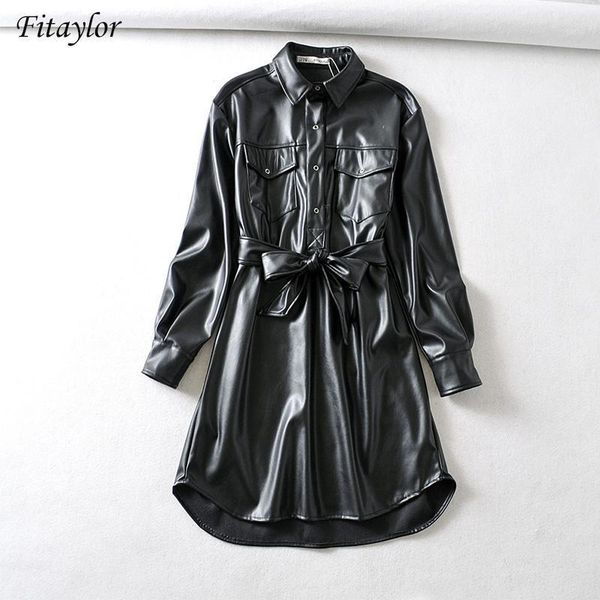 

fitaylor new women turn down collar vintage black short faux leather dress autumn casual female pu belt single breasted dresses1, Black;gray
