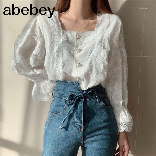 

2020 stylish hollow out square collar style pearls gentle flare-sleeved chic brief women all-match shirts1, White