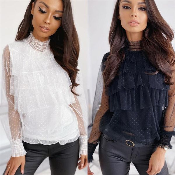 

2020 new fashion black white blouses shirts women long sleeve lace polka dot ruffle blouse blusas turtleneck tee feminino