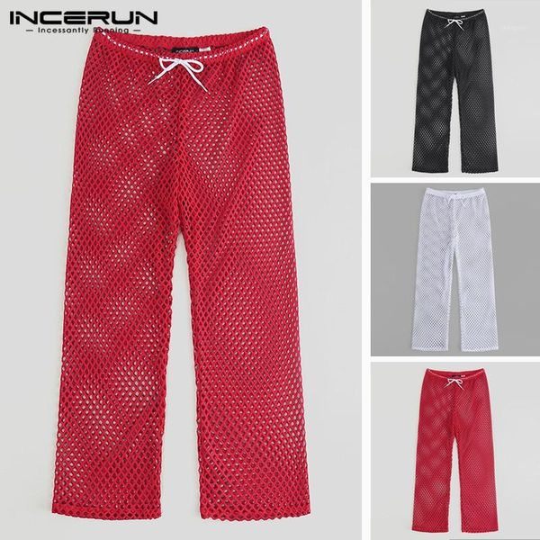

incerun summer transparent mesh men pants breathable drawstring leisure see through trousers men long pants 2019 plus size1, Black