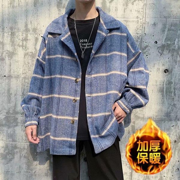 

winter new thick woolen coat men's fashion retro casual woolen jacket man streetwear wild loose tartan coat male m-2xl1, Black