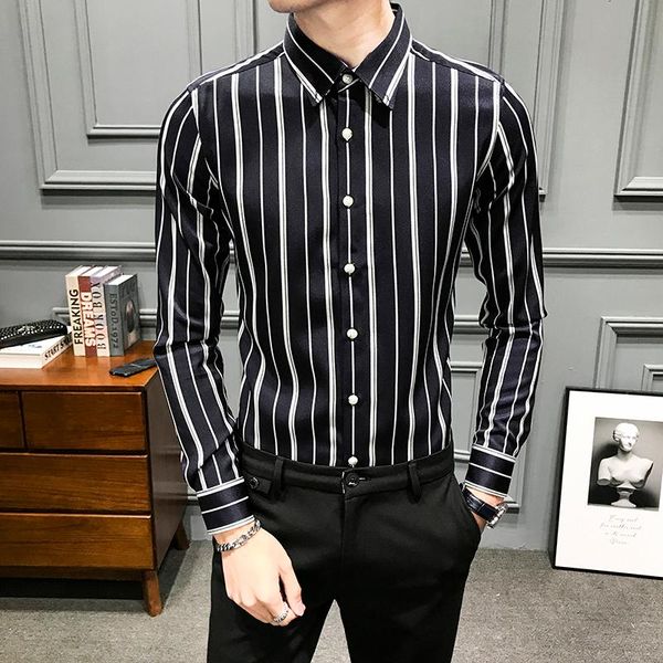 

men's casual shirts gzdeerax stripe mens luxury long sleeve dress spring and autumn slim fit man trend, White;black