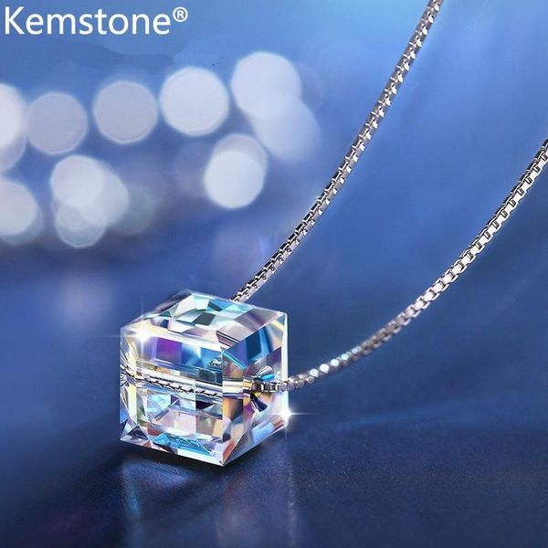 

kemstone aurora square 8mm 6mm pendant necklace jewelry gift for women, Silver