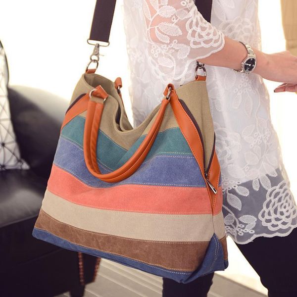 

canvas shoulder bag casual cloth bag hit color single shoulder oblique large female student tote