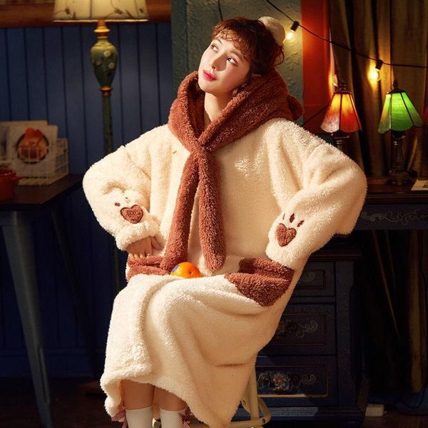 

women's sleepwear winter women long sleeve nightgown girls nightdress thick warm plus size loose coral fleece fashion home wear female, Black;red