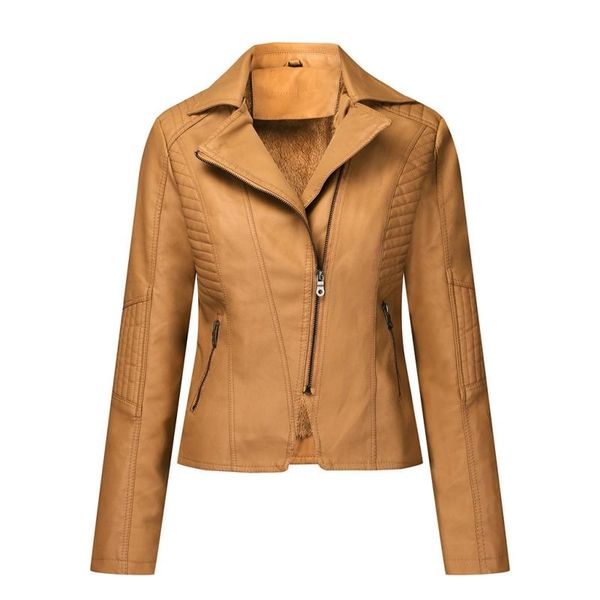 

women's jackets lambswool warm casual pu leather jacket solid coat slim fit lapel motorcycle cool, Black;brown