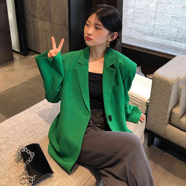 

women's suits & blazers [eam] women green single button big size blazer lapel long sleeve loose fit jacket fashion spring autumn 2022 1, White;black
