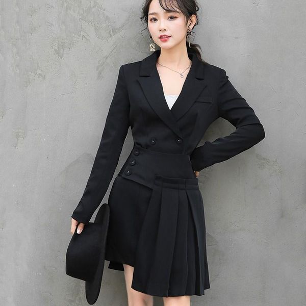 

two piece dress 2021 casual suit collar black slim irregular skirt + long-sleeved jacket 2 sets fashion office single-breasted, White