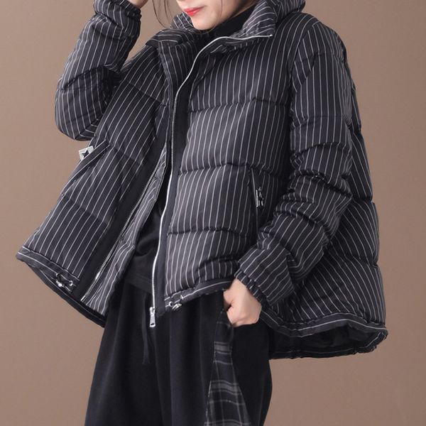 

2020 new schinteon striped down jacket loose korean style a-line winter warm coat outwear stand collar fashion c1204, Black