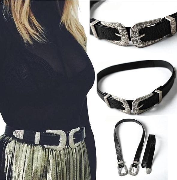 

local stock women ladies vintage retro boho leather belt double metal buckle waist belt waistband 2020 new in arrival, Black;brown
