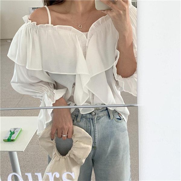 

new white solid ruffles slash neck sweet 2021 shirts women chic gentle summer girls all match streetwear blouses