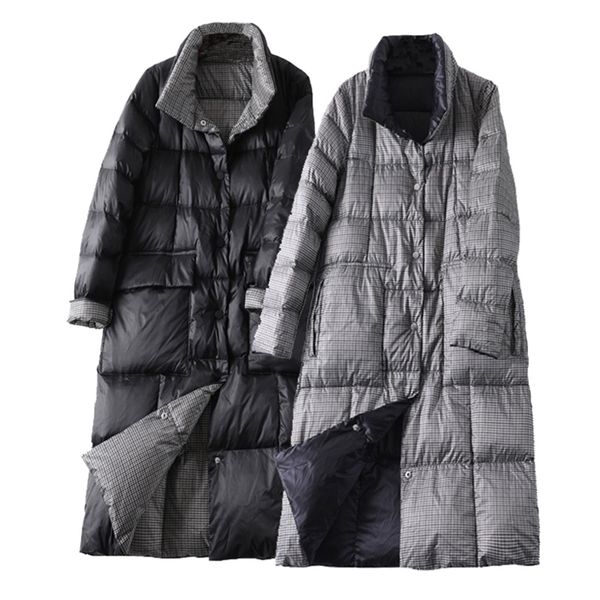 

women double sided long down jacket winter turtleneck plaid white duck down coat female warm parkas snow outerwear woman 201214, Black