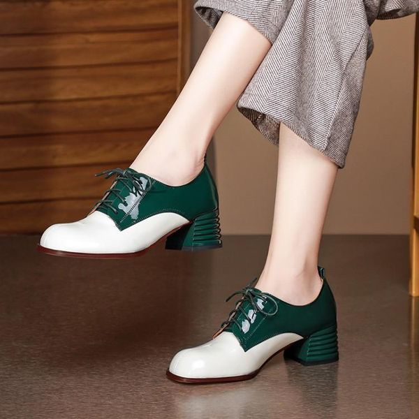 

mljuese 2021 women pumps soft cow leather autumn spring lace up green color round toe high heels pumps shoes size 42, Black