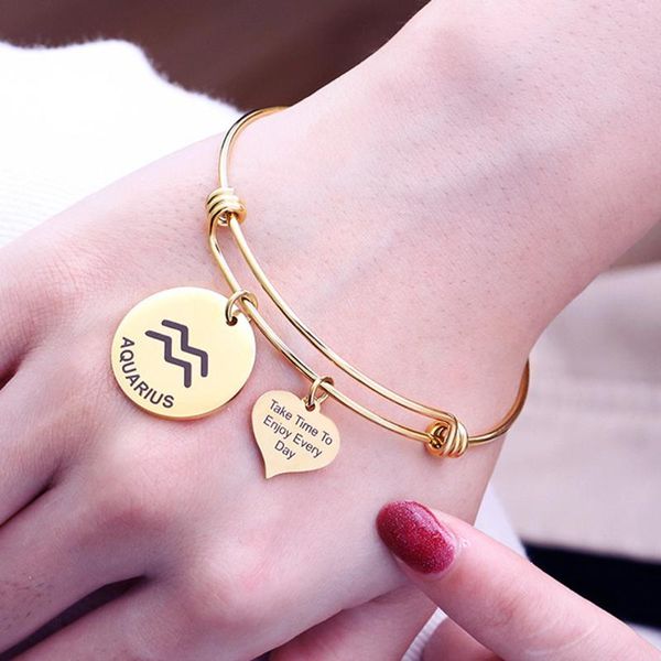 

12 constellation zodiac bangle cuff take time enjoy every day letter carved heart coin charm stainless steel adjustable bracelet, Black