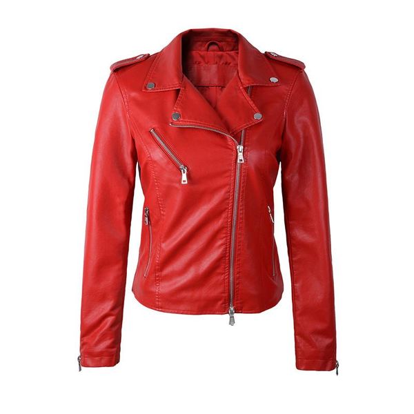 

women's leather & faux 2021 autumn winter fashion turn-down collar short jacket black slim red coat drop