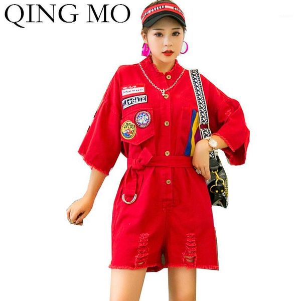 

qing mo red pink green black women summer playsuits 2020 women adjustable waist playsuits patch female holes zqy40201, Black;white