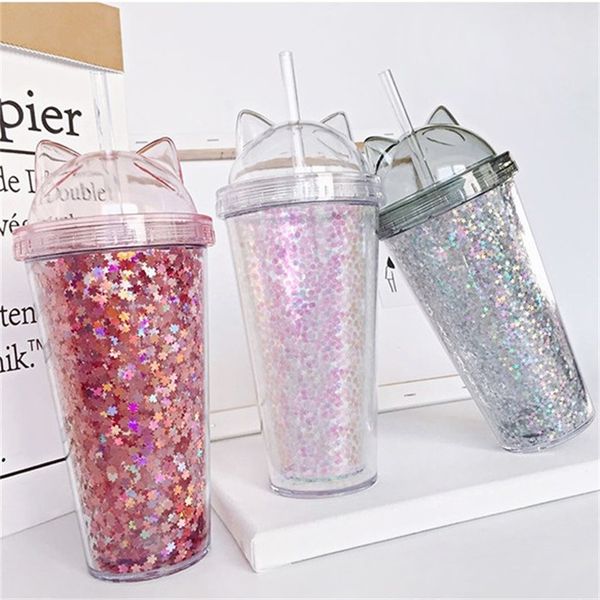 

juice wine glass cat ear flashing double layer cup kids baby cartoon cute creative sequins plastic tumbler with straws 228 g2