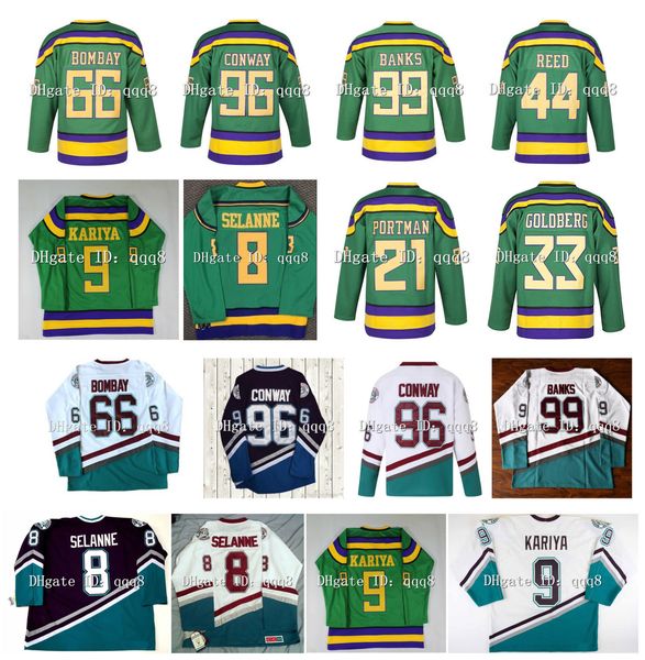 

Mighty Ducks Movie Jerseys 66 Gordon Bombay 96 Charlie Conway 99 Adam Banks 44 Fulton Reed 21 Dean Portman 8 Teemu Selanne 9 Paul Kariya Greg Goldberg Hockey Green White, As pic