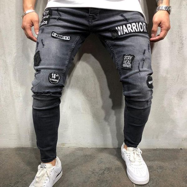 

new 2019 fashion men's hole embroidery jeans hip-hop slim men jeans1, Blue