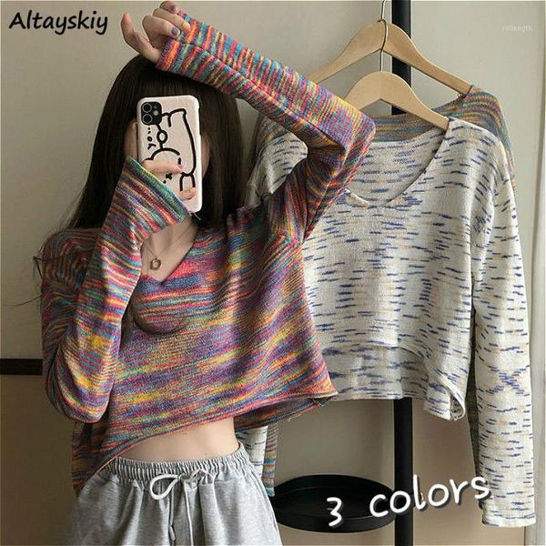 

sweaters women patchwork v-neck pullovers ladies knitting cropped new casual colorful popular college long sleeve knitwear1, White;black