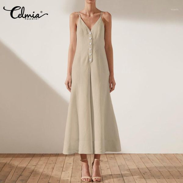 

women long jumpsuits celmia summer vintage linen wide leg rompers fashion v neck sleeveless straps party playsuits plus size 71, Black;white