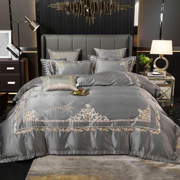 

bedding sets papa&mima blue grey embroidery set silk cotton linens  king size duvet cover flat /fitted sheet pillow sham