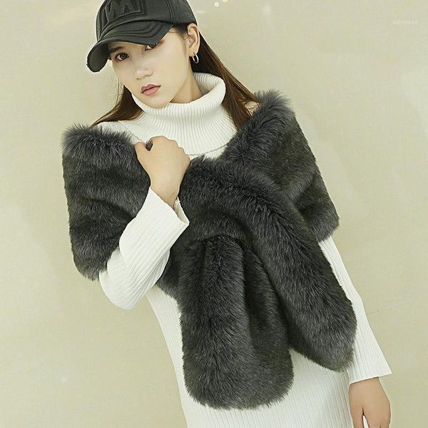 

scarves winter warm faux fur women shawls and wraps neck collar long wool scarfs foulard femme thicked poncho1, Blue;gray