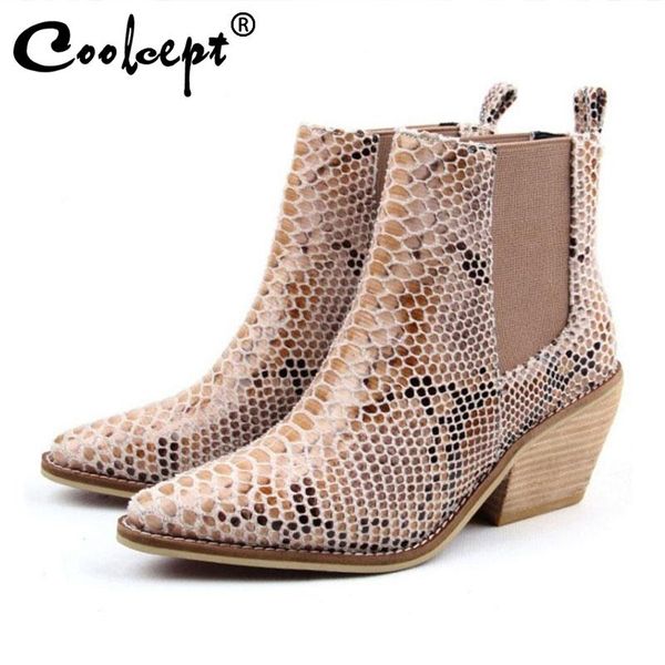 

boots coolcept ankle women 2021 european winter high heels shoes fashion pointed toe snake print footwear size 34-43, Black