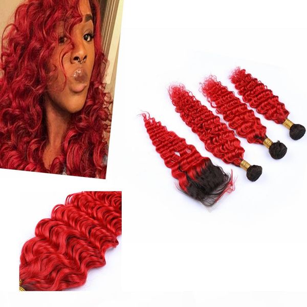 

ombre indian weave with closure 4" * 4" dark root #1b #613 deep wavy ombre wavy hair bundles with closure, Black;brown