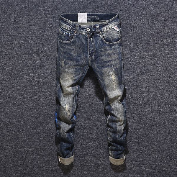 

2021 new fashion streetwear retro dark blue slim fit ripped men elastic hip hop denim pants printed designer jeans homme ogec