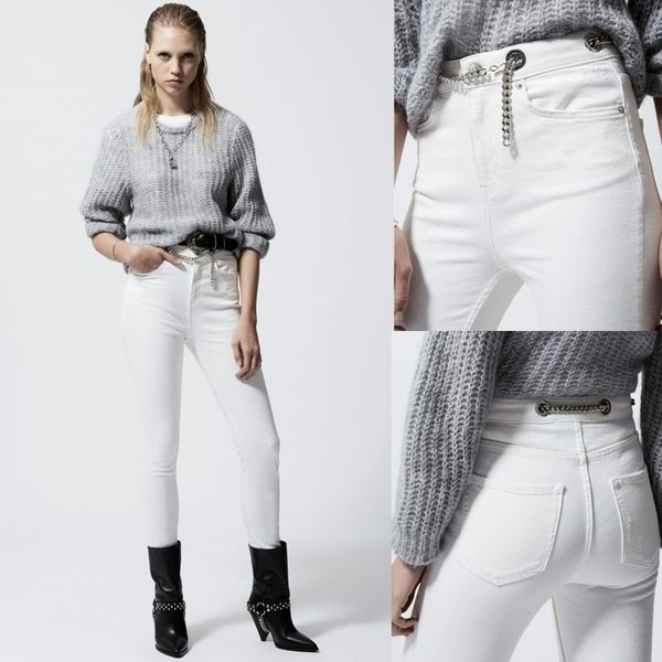 Novo outono inverno na moda marca design alta cintura fresco cadeia branca elástica fina denim lápis calças jeans moda clássico 201030