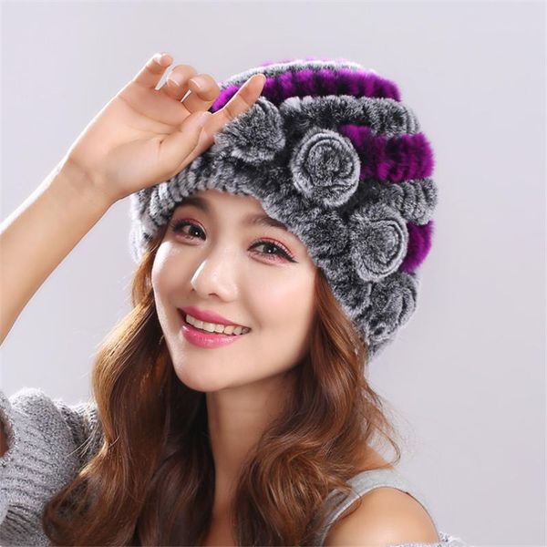 

real rex fur hat russian winter genuine fur cap lady warm knitted thicken beanies with rose flower, Blue;gray