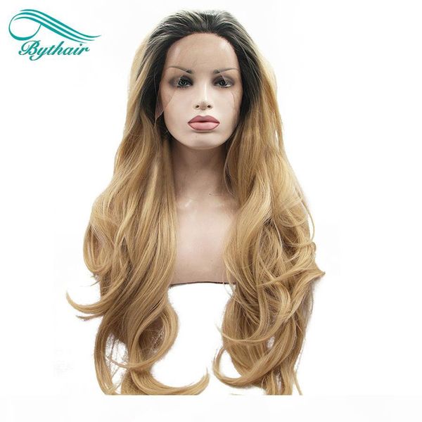

bythair bouncy wavy ombre blonde two tone synthetic lace front wig dark root natural blonde heat resistant fiber women hair wigs, Black
