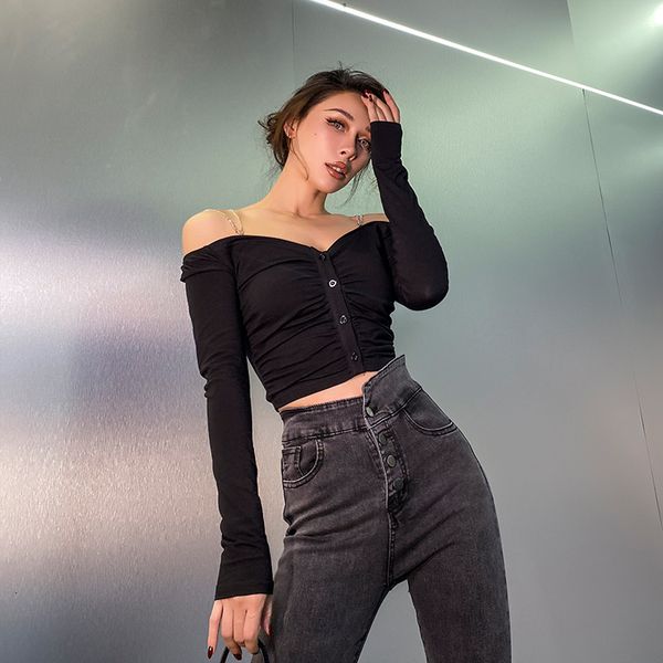 

2021 black autumn vintage long sleeve t shirt for women of cotton with no back slash neck off the shoulder flash chain harvest d96w, White