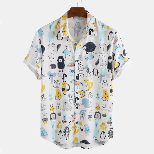 

harajuku short sleeve shirts for men loose personalized cartoon printing summer casual turn down neck blouse camisas, White;black