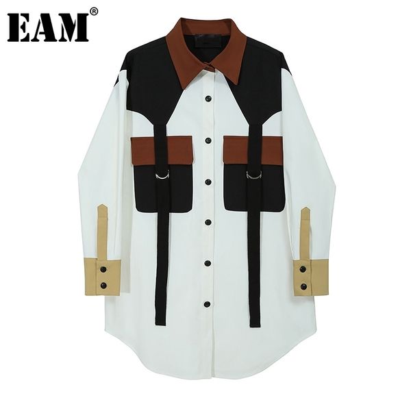 

[eam] women white contrast color big size blouse new lapel long sleeve loose fit shirt fashion tide spring autumn 1da254 201126