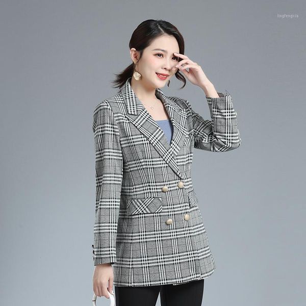 

new autumn women plaid blazers elegant jackets ladies work wear double breasted blazer female outerwear causal suits coat1, White;black