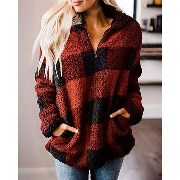 Frauen Winter Teddy Pullover Flauschigen Sherpa Fleece Plaid Pullover 1/4 Reißverschluss Rollkragenpullover Herbst Warme Streetwear 201222