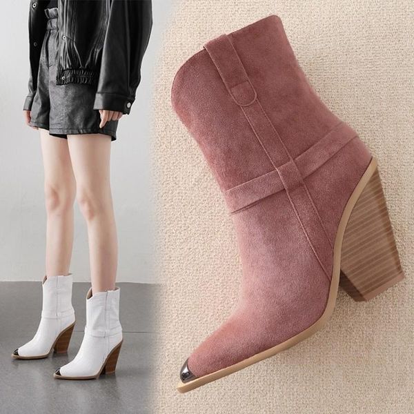 

boots ankle women microfiber wedges super high heels western metal pointed toe zipper fashion winter womens shoes, Black